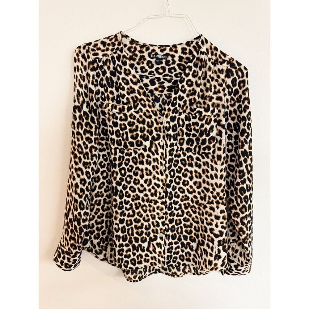Express Portofino Shirt Leopard Print Button Up Blouse SZ S Long Roll Tab Sleeve